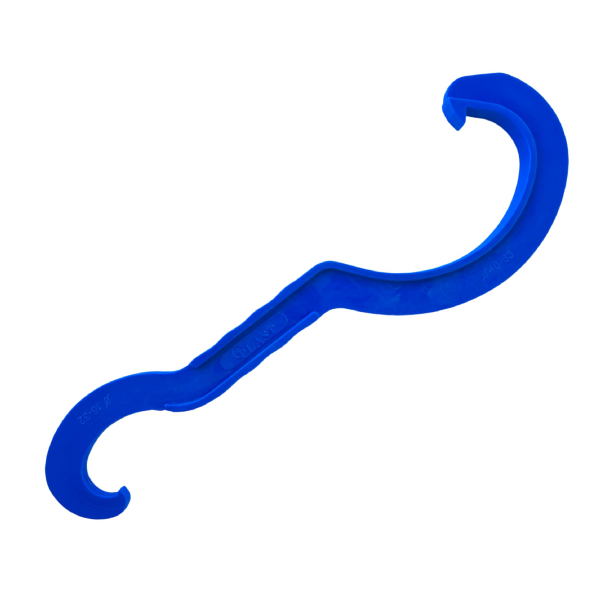 Blauer Montageschlüssel, schräg dargestellt auf weißem Hintergrund, mit zwei Hakenseiten für 16–32 mm und 40–63 mm Klemmkupplungen.